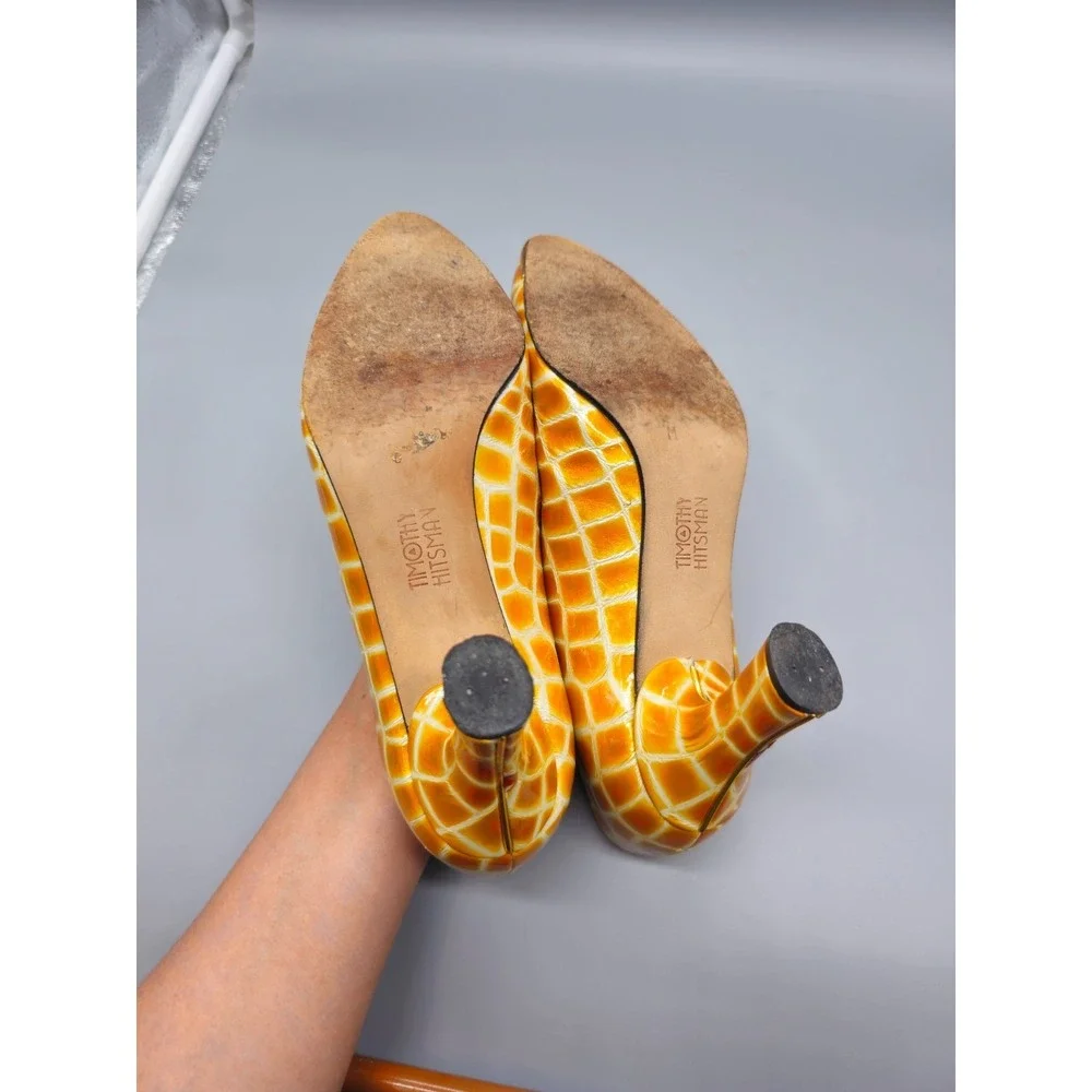 Vintage Timothy Hitsman Women 8M Yellow Marbled Square Heels Pump Spain Made